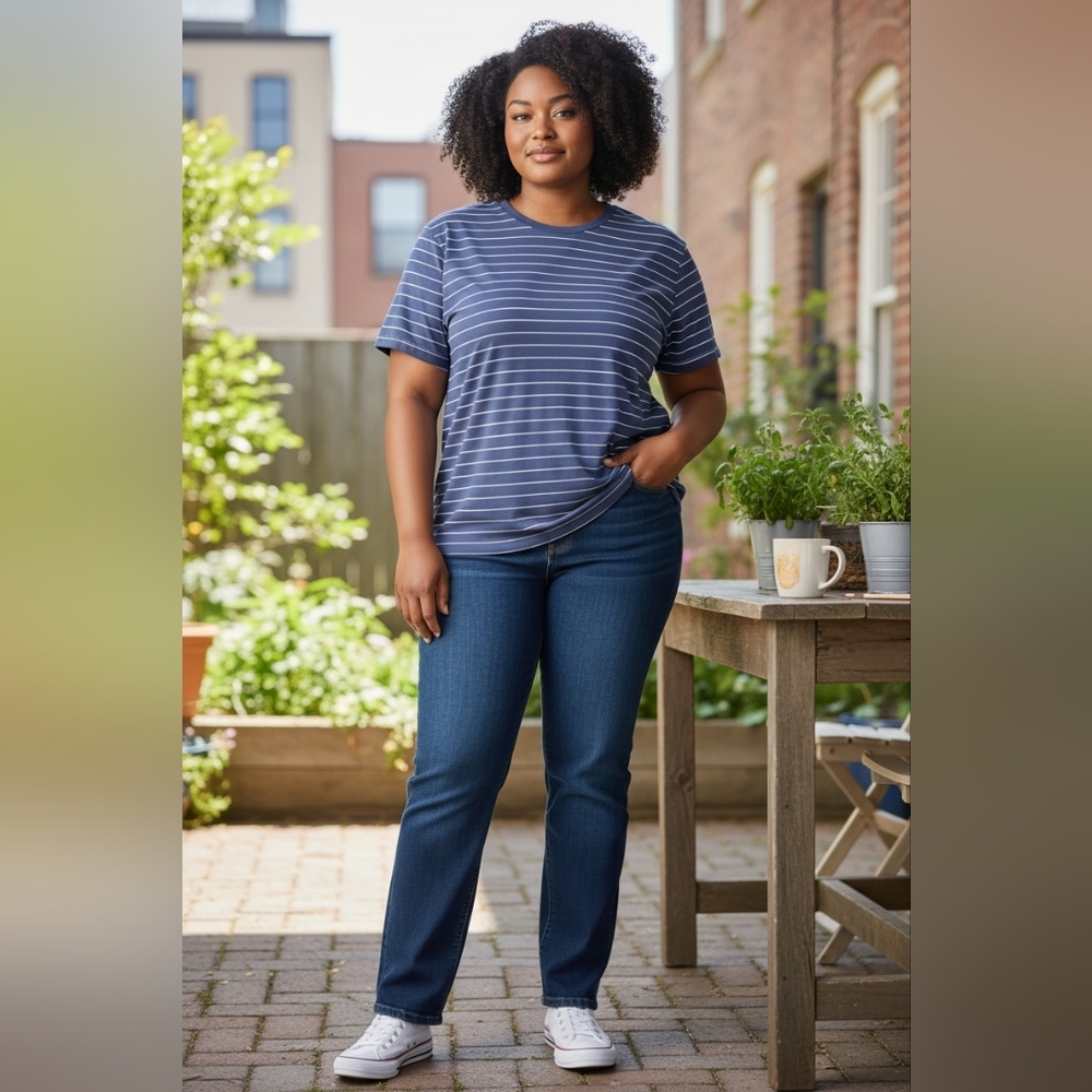 Time and Tru Women's Navy Striped Short Sleeve Tee